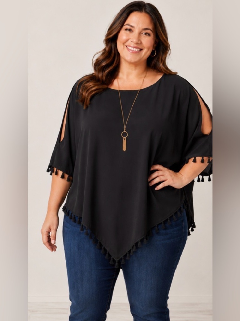 Nygard Black Fringe Poncho Blouse With Shoulder Cut Outs Tassel Top Size L